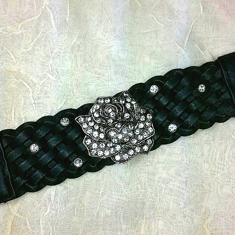 Vintage Black Leather Wide Bracelet Rhinestone Rose Silver Tone Mob Wife Glam
